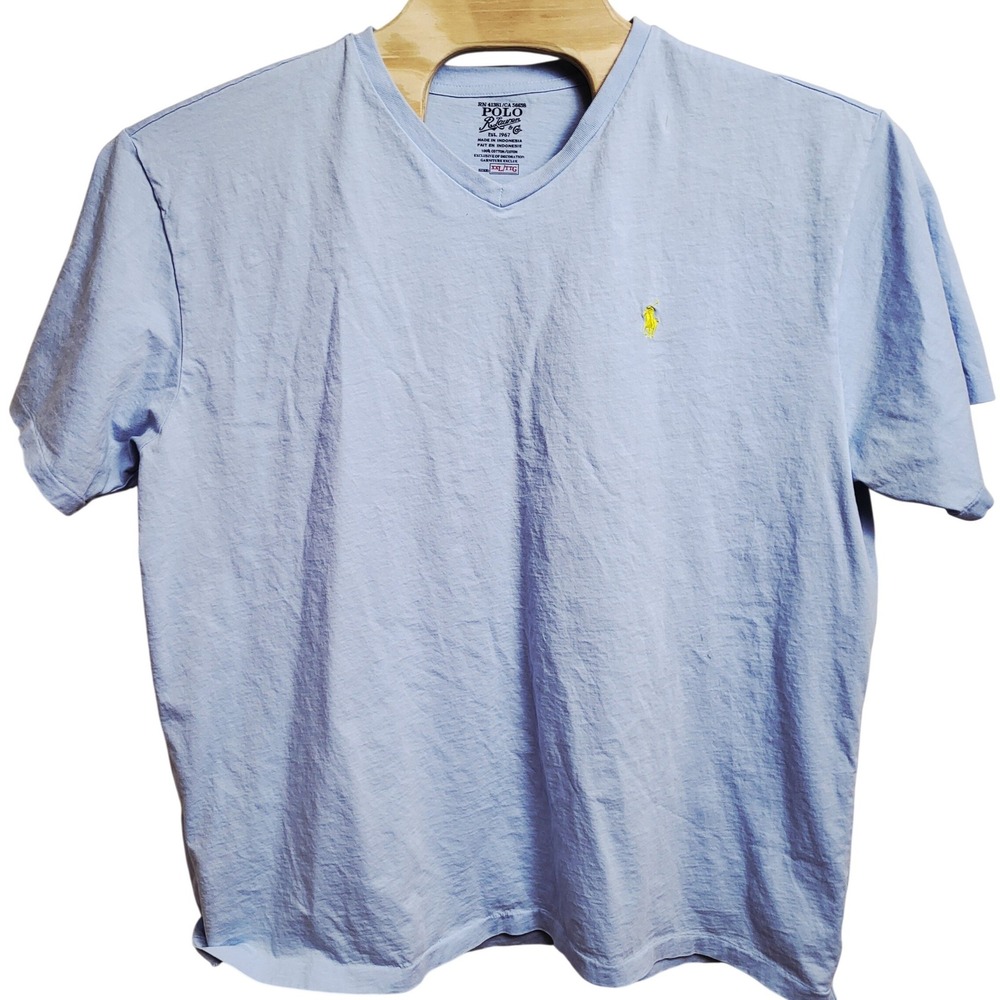 Polo Ralph Lauren Mens XXL‎ Light Blue V Neck T Shirt Cotton Yellow Pony Logo